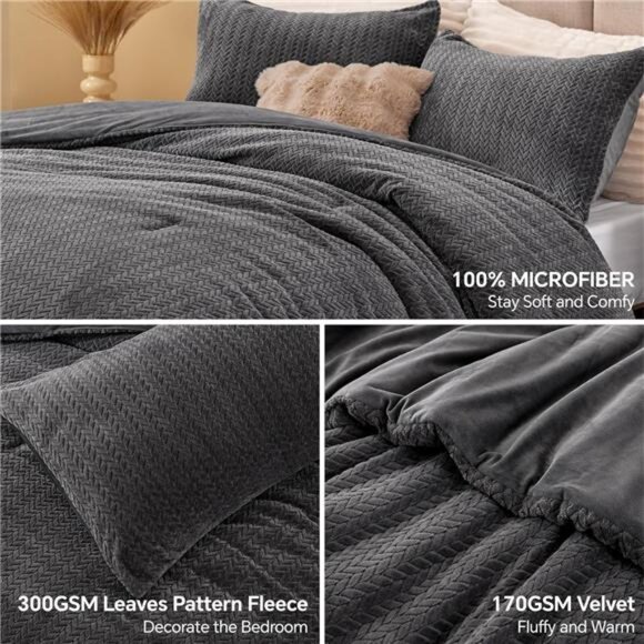 Fluffy Queen Comforter Set - Furry Grey Leaves Pattern Faux Fur Bed Set, Winter - Picture 2 of 7